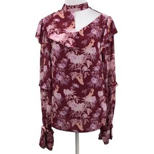 Three Floor Florry Top Womens 6 Purple Tropical Floral Print Bell Sleeve Hand